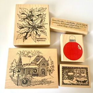 Wood Mounted Stamp Set of 5; WINTER - CHRISTMAS theme. NEW